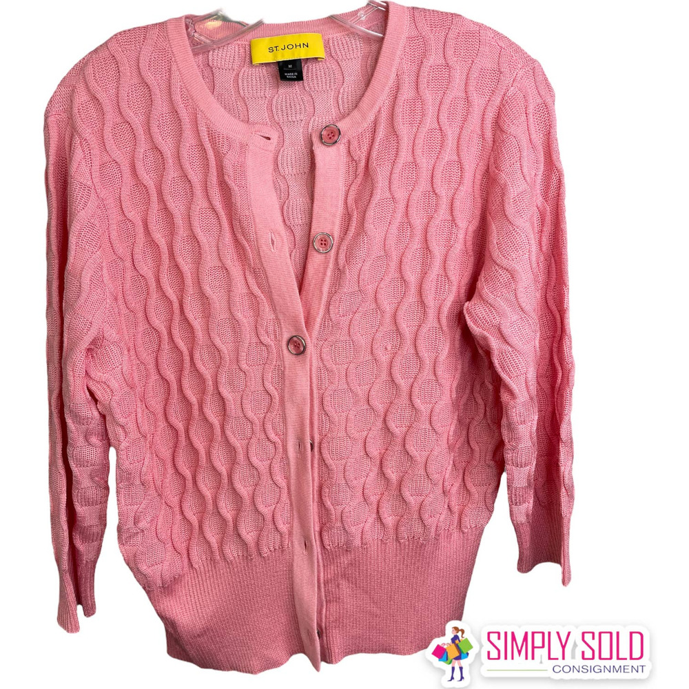 St. John Women's Cardigan Sweater Long Sleeve Button-Up Pink Knit‎ Wool Cable M